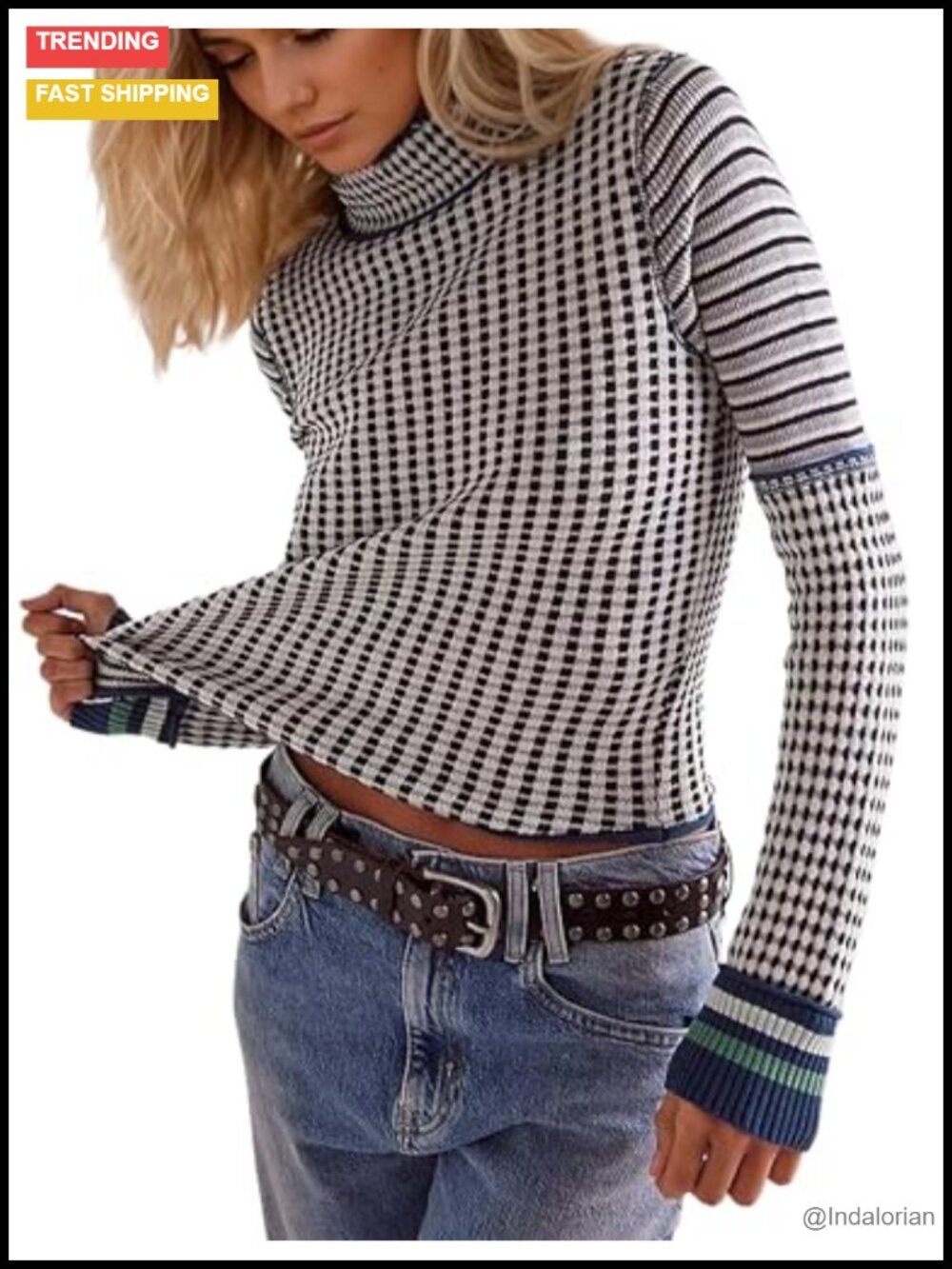 Women's Slim Fit Cropped Sweater Mock Neck Long Sleeve Color Block Knit Top